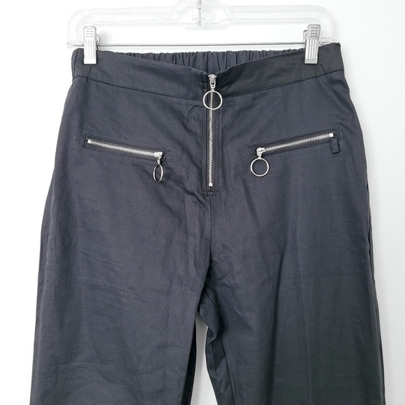 Y2K Black Track Pants Goth Punk Silver Zippers Elastic Waist High Ris Size Large - Picture 3 of 15